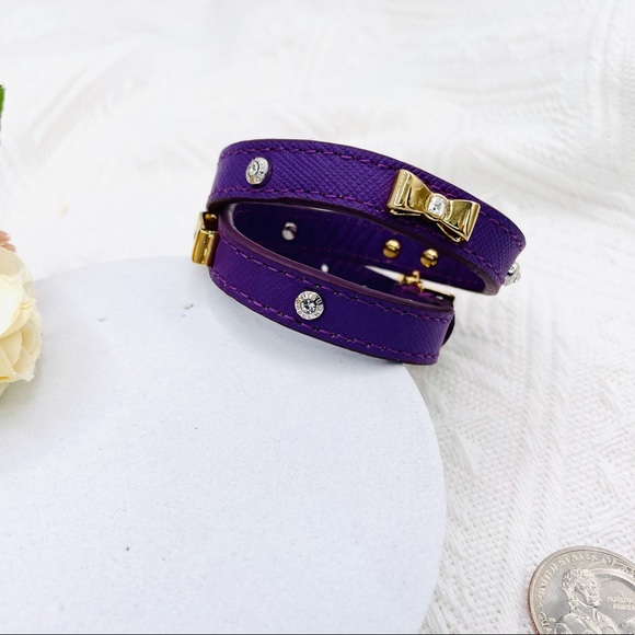 Henri Bendel Collection Purple Leather Gold Bow Crystal Logo Wrap Bracelet - Picture 4 of 6